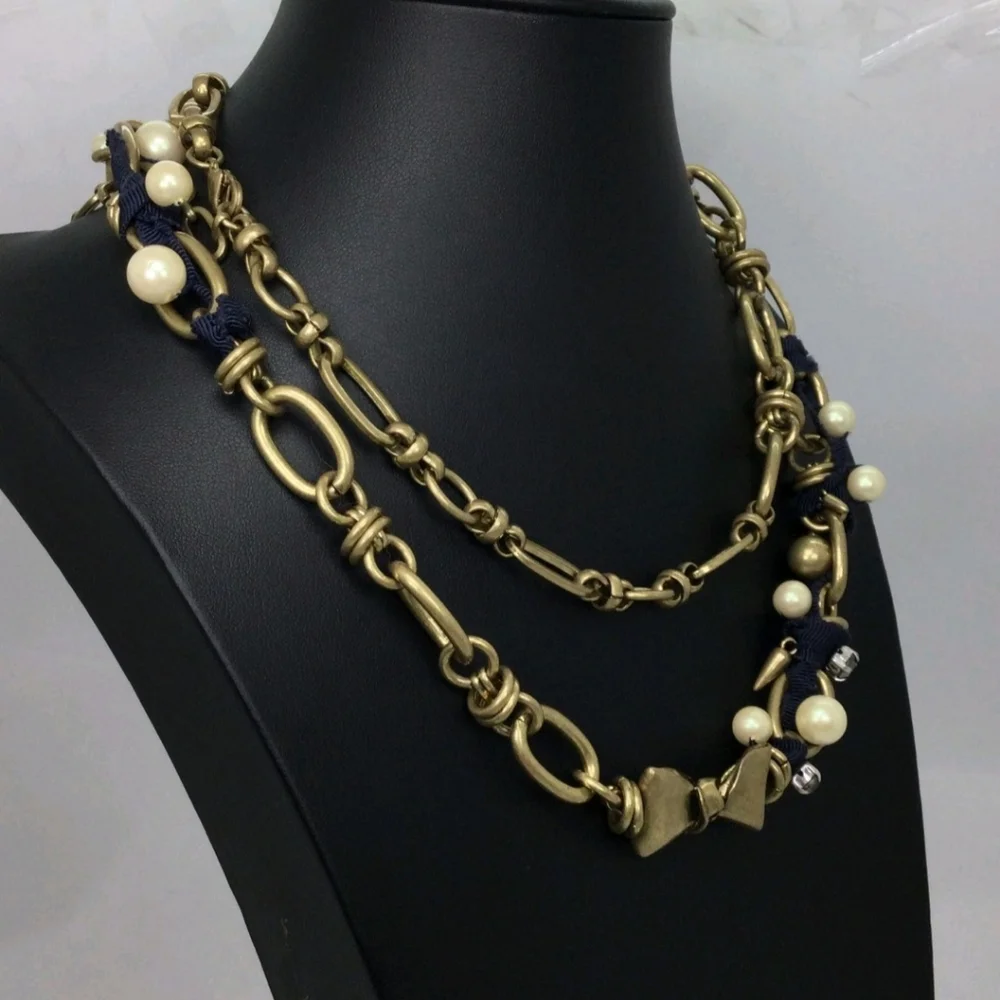 Stella & Dot Faux Pearl Bow Accent Long Chain Necklace NWOT 18" - Picture 3 of 5